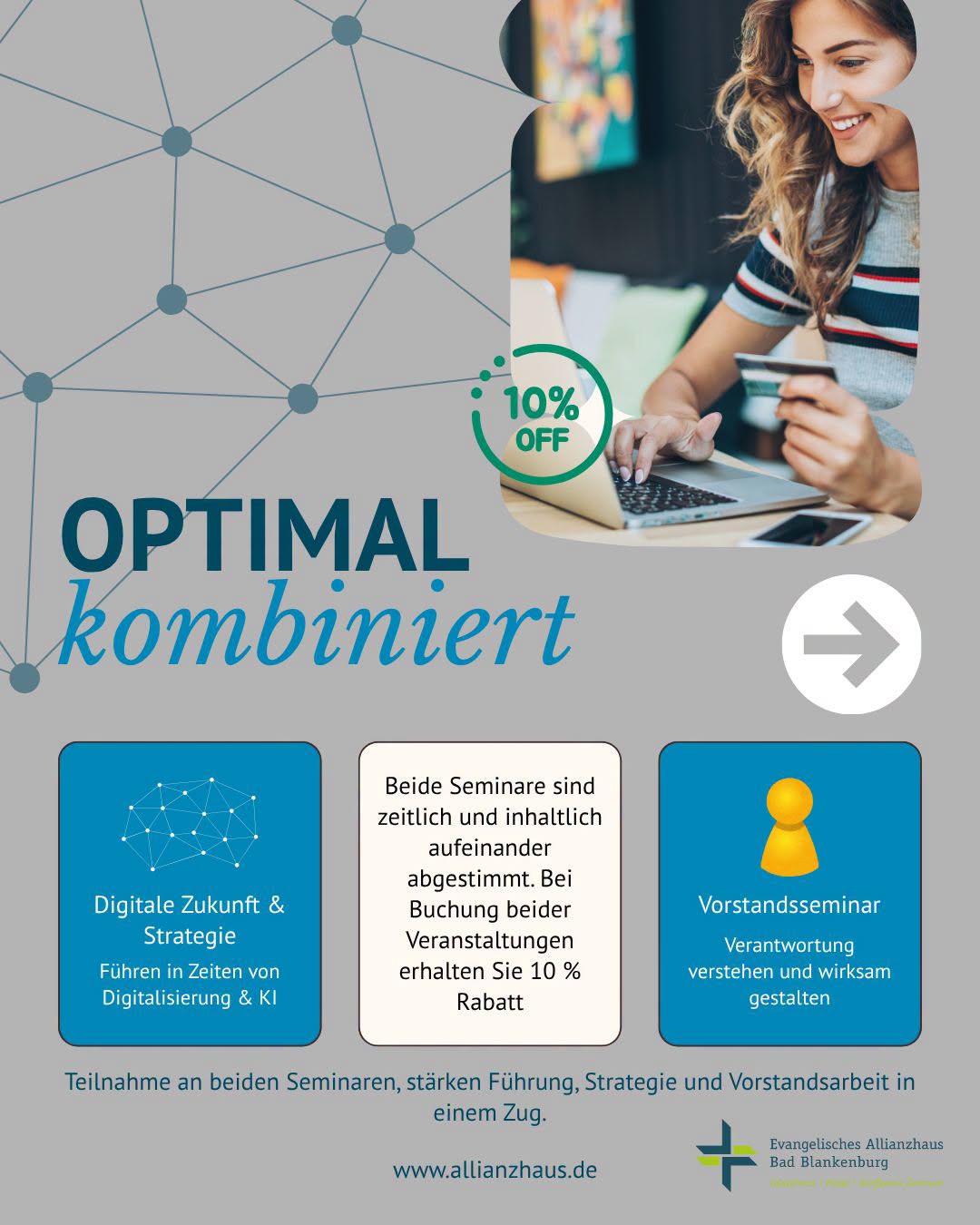 Ein Werbeplakat für Seminare zur digitalen Zukunft und Strategie. Es zeigt eine Frau, die am Laptop arbeitet. Der Text hebt einen Rabatt von 10 % bei Buchung beider Seminare hervor und betont die Themen Führung, Strategie und Vorstandsarbeit. (Text KI generiert)