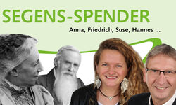 Das Bild zeigt eine grafische Darstellung mit dem Text "SEGENS-SPENDER" und den Namen Anna, Friedrich, Suse und Hannes. In der Mitte sind zwei Personen abgebildet, die lächeln, sowie Silhouetten von weiteren Personen. Im Hintergrund steht "ALLIANZKONFERENZ BAD BLANKENBURG".